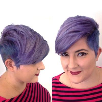 FUN blue fabuloso color with a beautiful purple accent. Growing out a pixie.