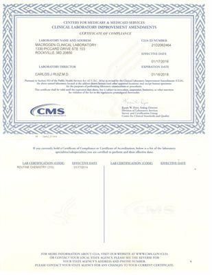 Macrogen's CLIA Certification from 2016 to 2018