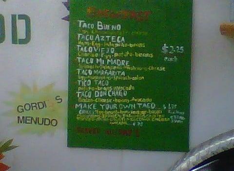 Little left-side all-day breakfast taco menu form Pueblo Viejo