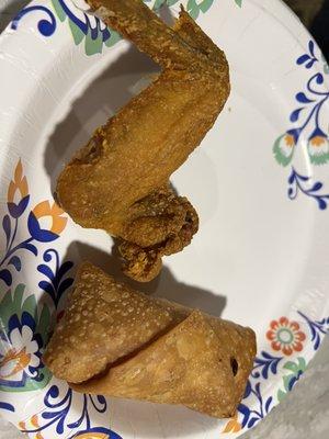 Egg roll and fried chicken wing