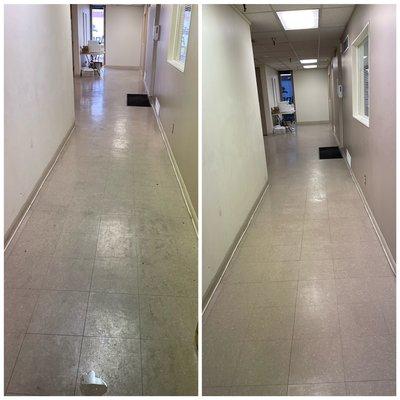 Despite the presence of heavy grease and grime on the flooring, they were readily cleaned away with a simple cleaning solution.