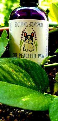 All natural soothing skin spray for dogs. Handcrafted by the Peaceful Paw in Charlotte NC