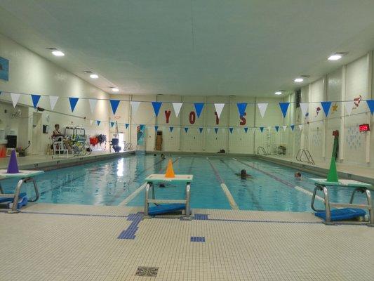 A nice large indoor pool. 3 feet deep at the shallow end.  9 ft deep at the deep end.