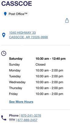 hours of operation for Casscoe, Arkansas post office