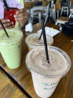 Iced Matcha (left), Cold Brew with milk and honey (back) and Espresso Milkshake Java chip (front)