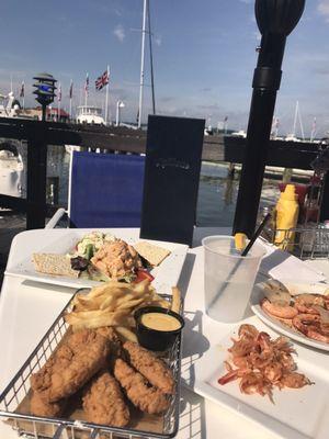 Steamed shrimp, chicken tenders, and eastern shore style shrimp salad on the back deck.