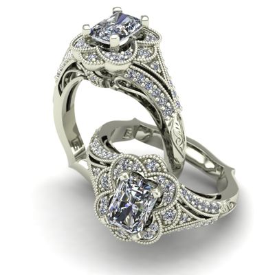 One carat radiant cut diamond in vintage inspired engagement ring