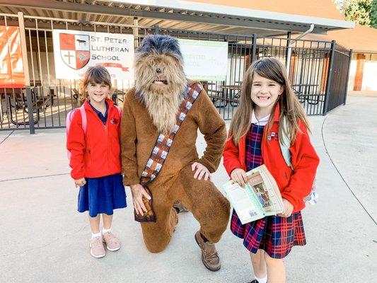 St. Peter Lodi students are greeted in costume each morning!