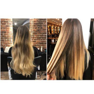 Before and after - Japanese hair straightening on previously highlighted hair