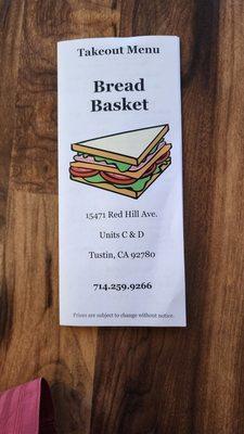 Bread Basket takeout menu