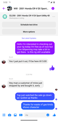 Photo of conversation I had with owner of business, vehicle n seller of it.