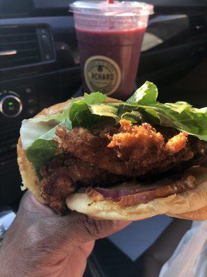 Fried Lobster Burger & Berry Banana Smoothie