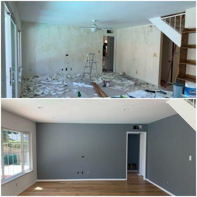 Removed wallpaper, skimmed walls, sanded, primed and painted.