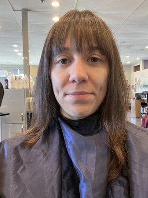 Front: just the haircut--pre-curling at the salon with the stylish robe (comfortable! did not itch my neck)