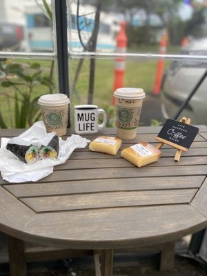 Maki sushi and butter mochi from the store to go along with our lattes.