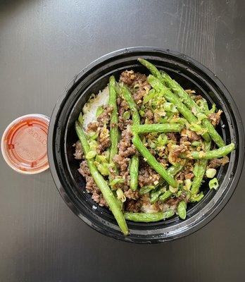 Mongolian Beef Bowl with Hot Sauce