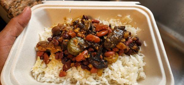 Sweet & savory chili over extra virgin olive oil laced jasmine rice.