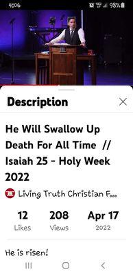 Screenshot of YouTube message.  Go to Living Truth Christian Fellowship and look for the White & Red pillars icon.  Great messages + worship