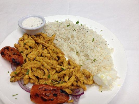 Chicken Shawarma. Comes with Rice, Salad, Hummus and pita bread.