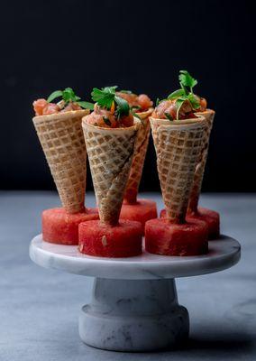 Salmon tartar cones and watermelon stand