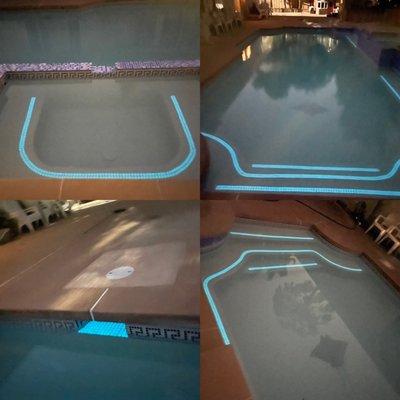 the pool after installing the glow in the dark tiles o. the steps during the evening.