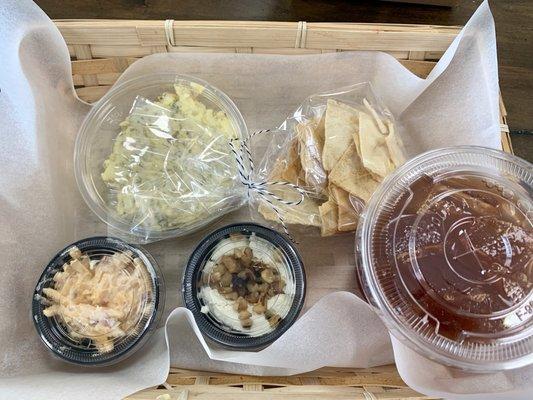 Lunch Trio Basket- Egg Salad, Pimento Cheese, Goat Cheese & Pita Chips with an Iced Mint Tea