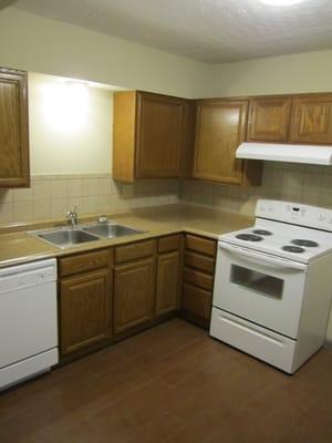 Eat-in kitchens are complete with dishwasher, disposal, electric range, and refrigerator.