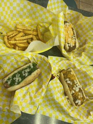 Fries, chili cheese dogs, and plain hot dog with onions and relish (ketchup and mustard was available in a bottle)