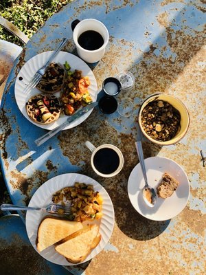 Banana brûlée waffle, cbd banana bread, moon over no hammy sandwich, veggie hash