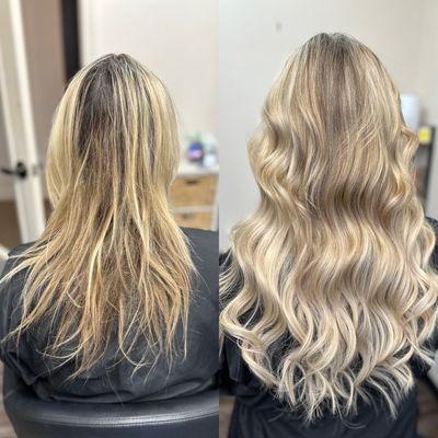 2 rows of 18 inch hand tied extensions
#planohairextensions
#planohairstylist 
#dfwhairextensions
www.aliciamurrhairstudio.com