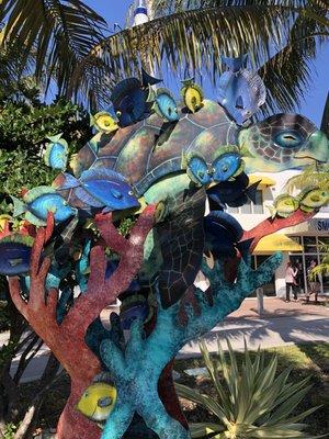 The green turtle getting a bath from the blue tang.