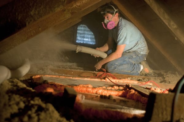 Installing insulation in the attic of a home to create more stable temperatures and help a homeowner reduce their utility bills.