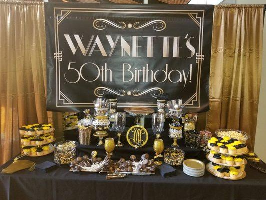 My sister and I along with birthday girl prepared a beautiful dessert table. I prepared the chocolate dipped cookie pops.