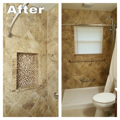 Completed bathroom remodel complete with a custom tile shower in Dayton, OH.