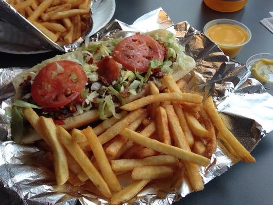 Cheeseburger hoagie and fries