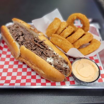 Cheesesteak with Swiss and Mayo, Onion Rings, with horseradish dip.