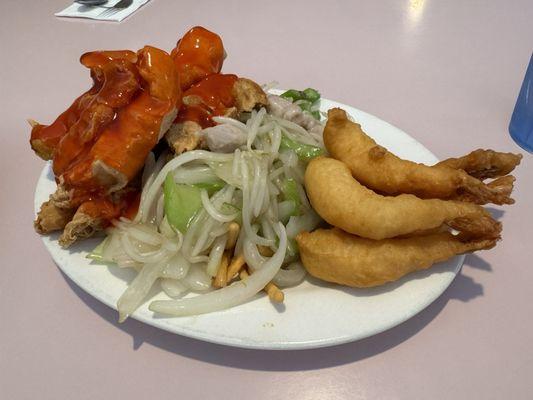 Lunch combo. Sweet and sour chicken, chicken chow mien and deep fried prawns.