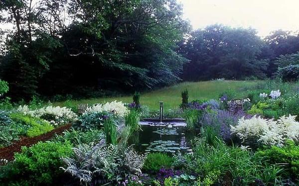 View to wildlife preserve across rectangular lily pond in blue and white garden. Display Garden, Seekonk, Massachusetts.