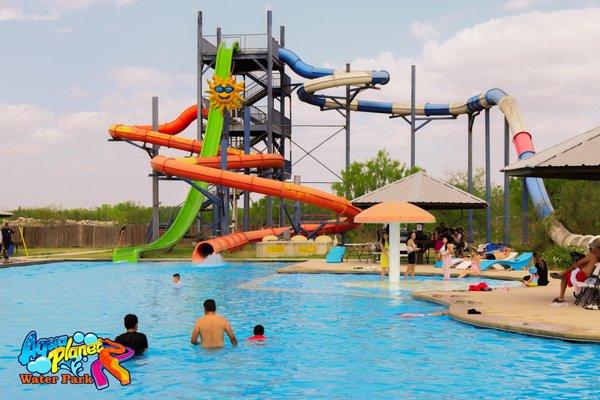 Big slides, splash zone, and swimming pools!