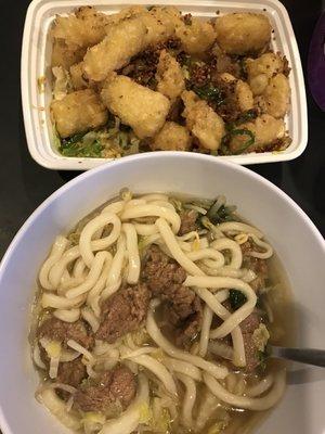 Spicy fried calamari & beef noodle soup with udon noodles