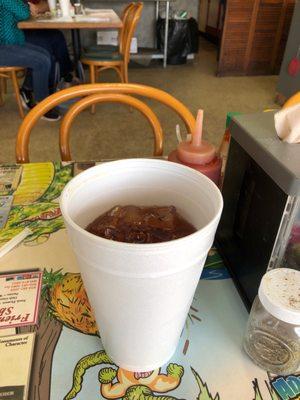 Sweet tea comes in a styrofoam cup.