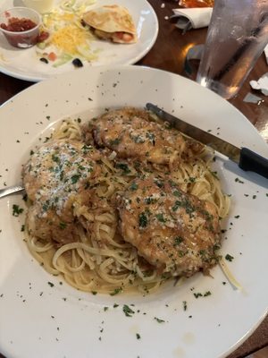 Chicken French over Linguine