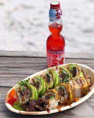 Churrasco Roll: Skirt steak roll topped with sweet plantain