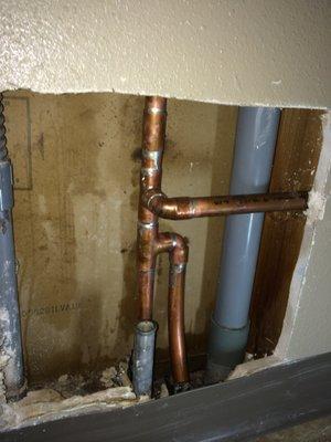 copper pinhole repair, all new fittings soldered inside of wall