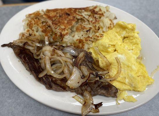 Steak & eggs with well done hash browns. Thumbs up from my husby.