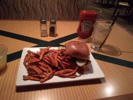 Tennessee hot chicken sandwich with sweet potato fries