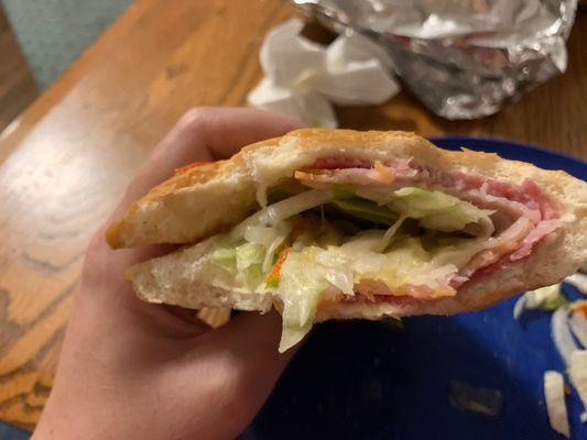 Lacking in the meat department. The meat only covered half the sub.