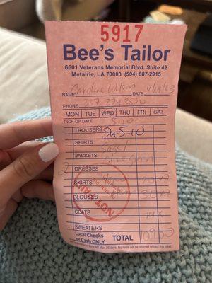 Cheaper price receipt at Bee's Tailor