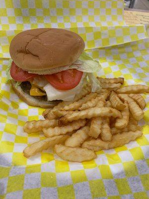 1/4 lb 90/10 Fresh ground beef burger and fries. Burger is seasoned and hand pressed. Now being served on a Kaiser roll.