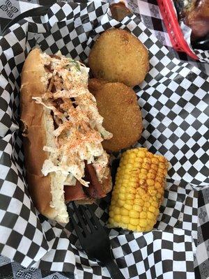 Sausage sandwich (dressed with coke slaw), fried green tomatoes & corn